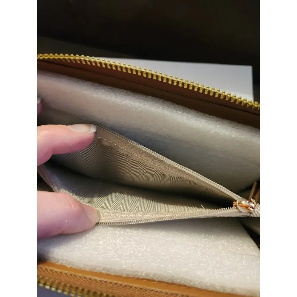 Badgley Mischka Brown faux suede Zip Around Wallet NWT Gold Plaque